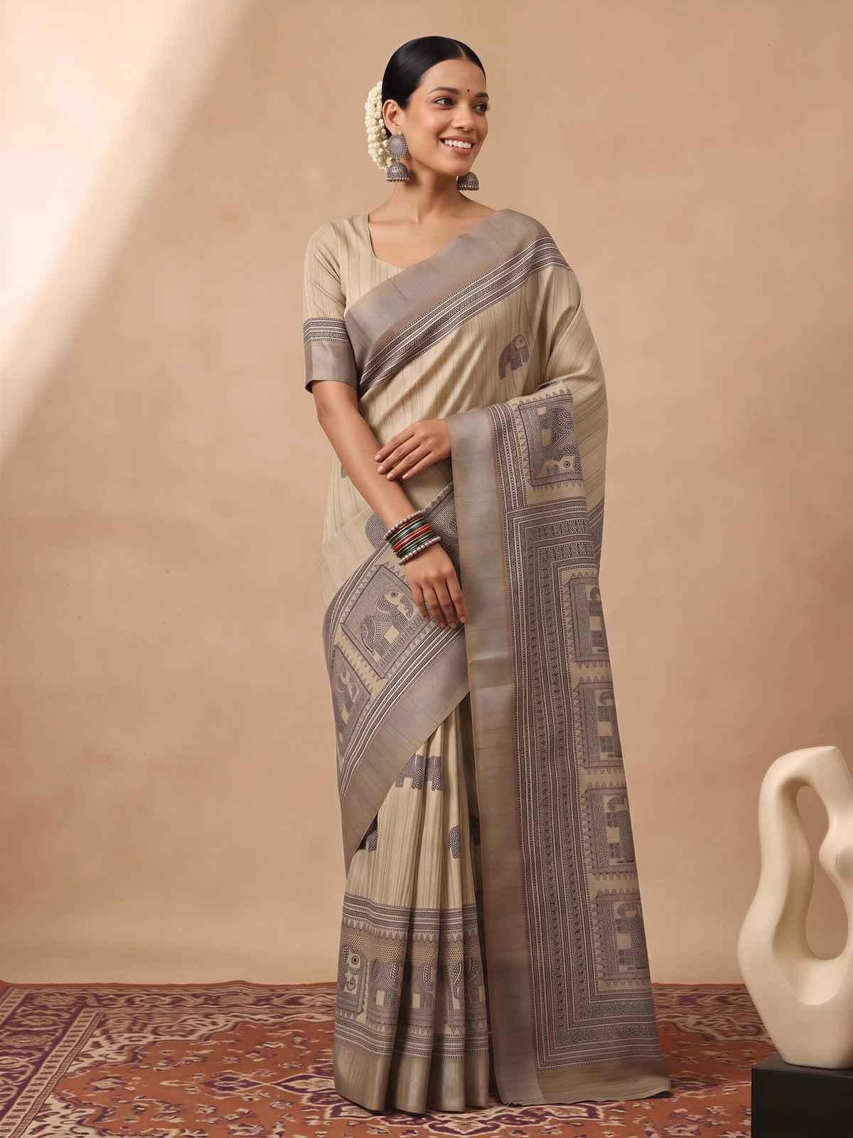 Cream Satin Silk saree – detail view 3