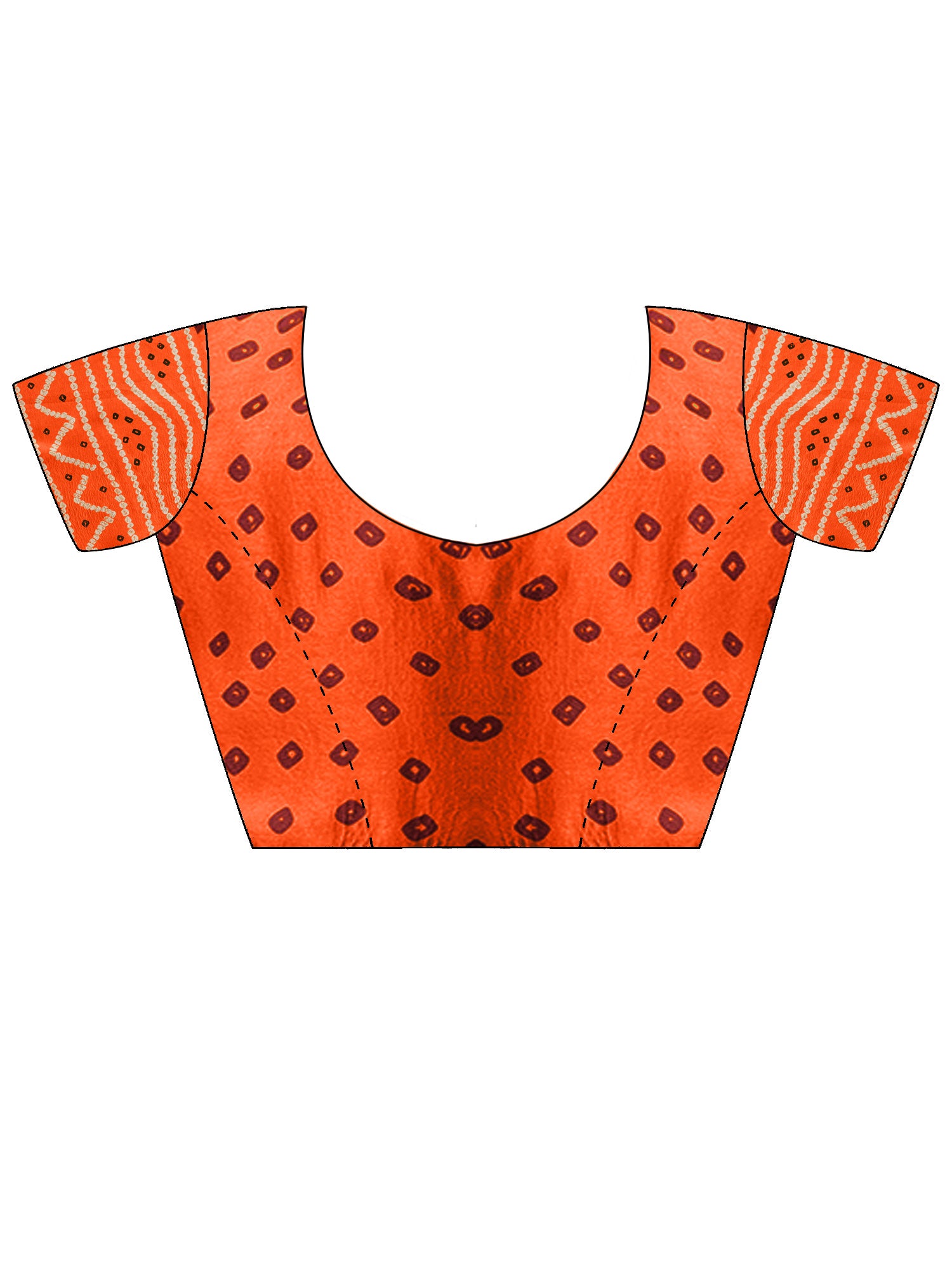 Unstitched orange satin silk blouse piece with bandhani design