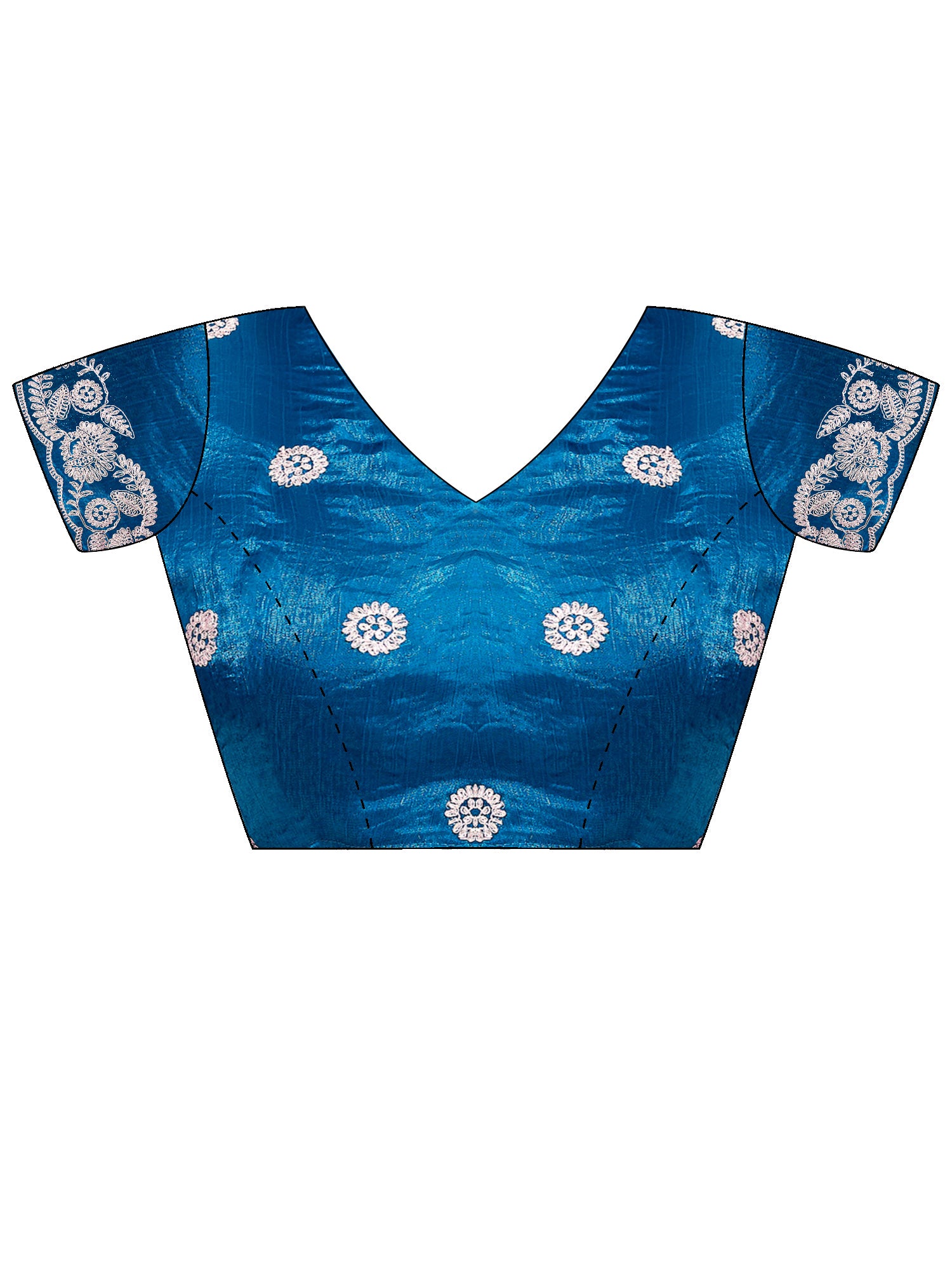Unstitched teal blue satin blouse piece with embroidered design