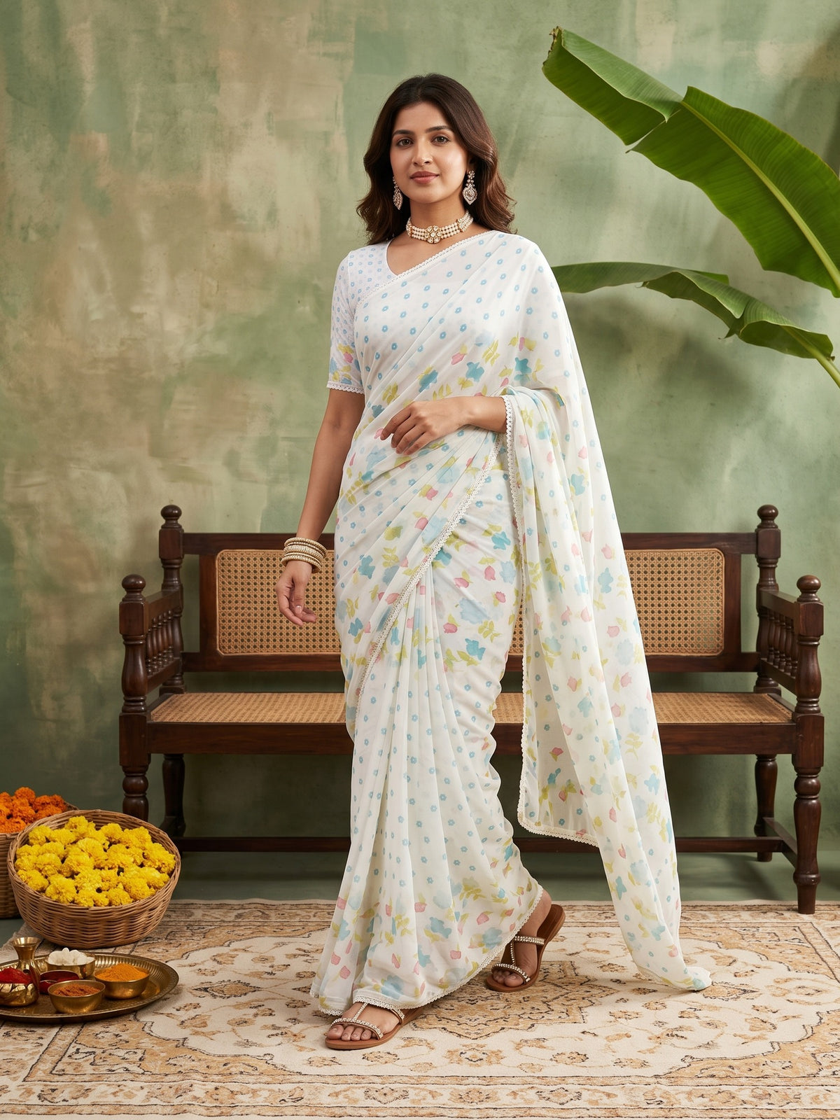 Off White Georgette saree – detail view 4