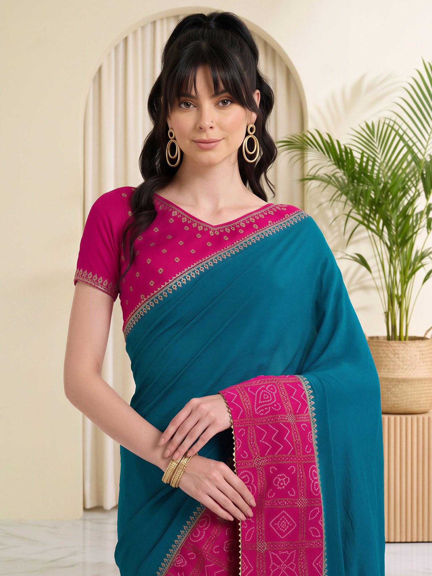 Teal Blue Vichitra Silk saree – detail view 4