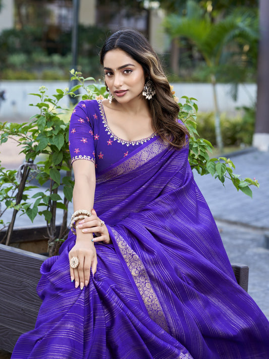 Violet jacquard saree view 1