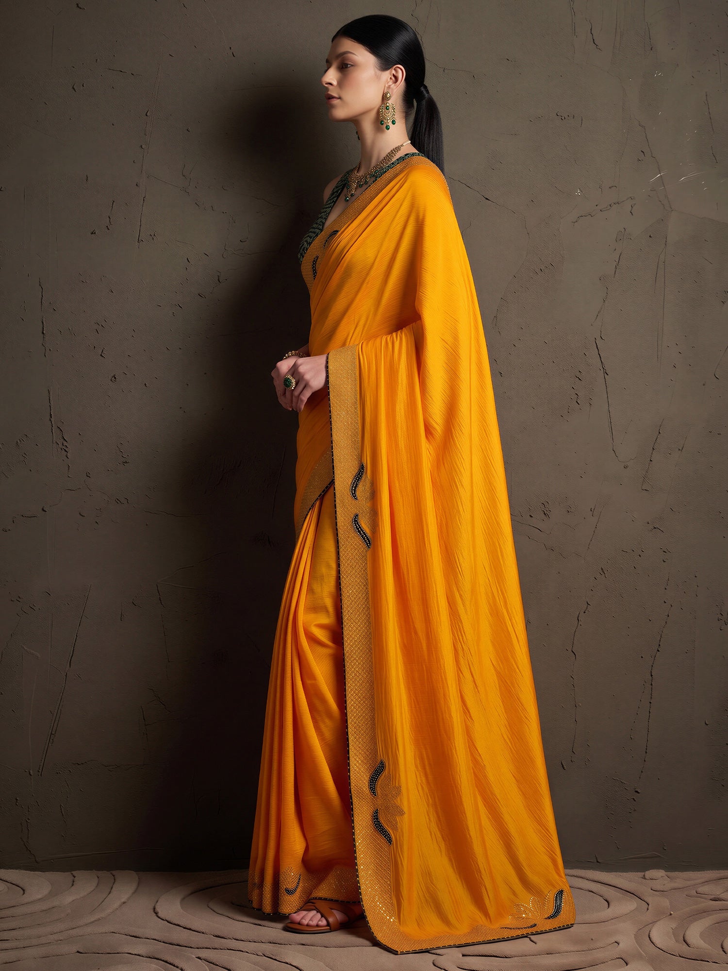 Yellow Vichitra Silk saree – detail view 2