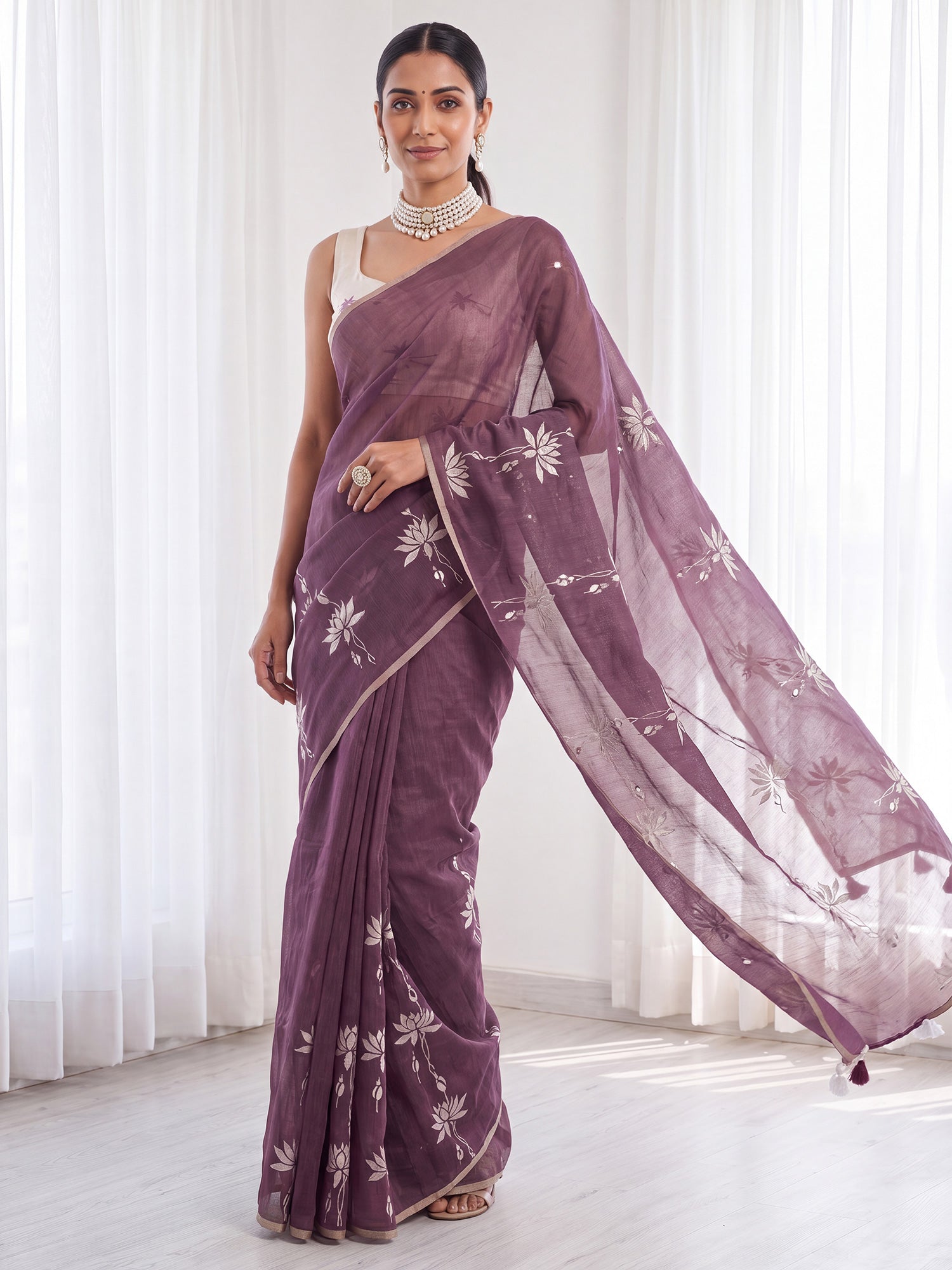Wine Cotton Linen saree – detail view 3
