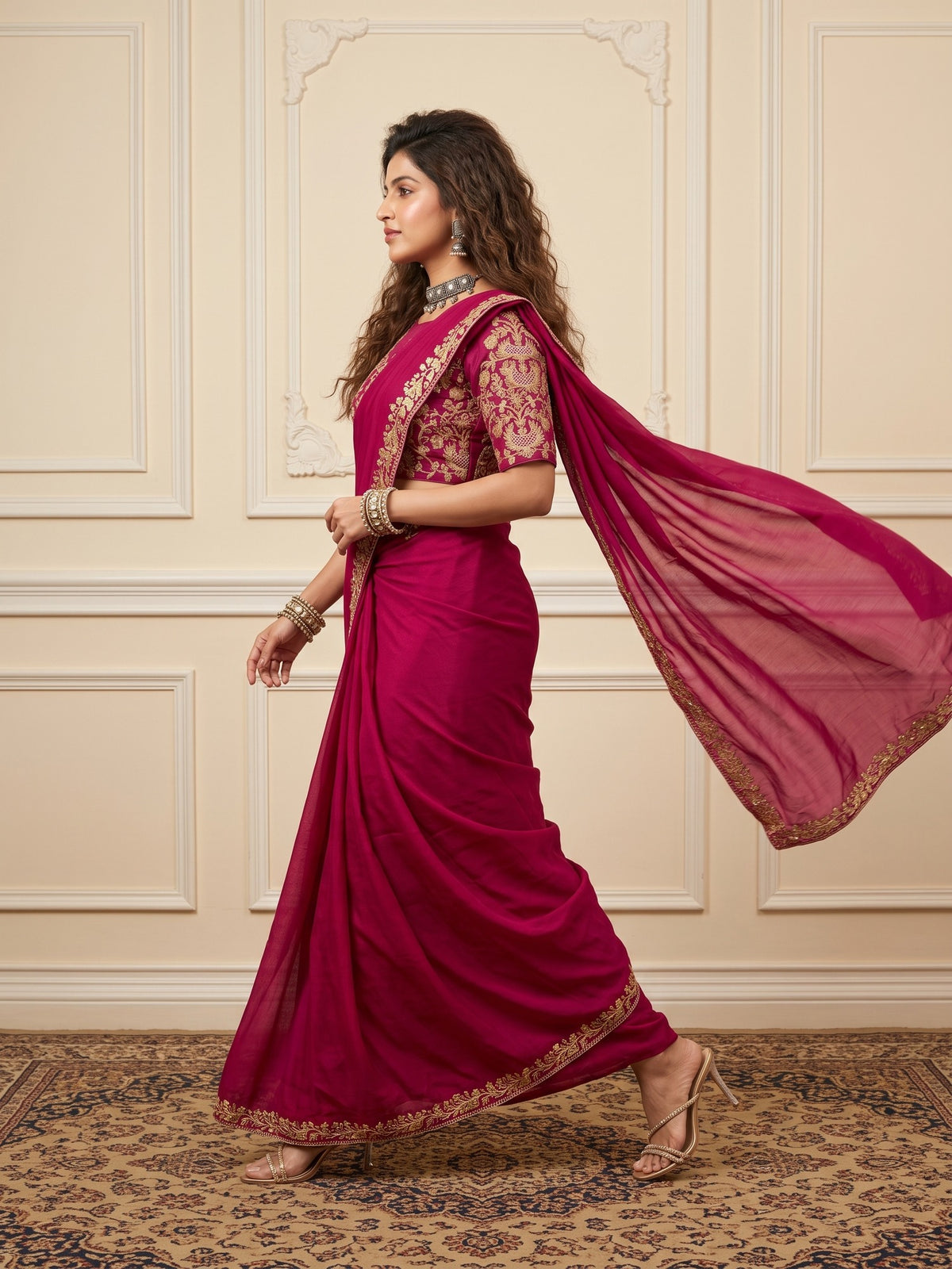 Pink Vichitra Silk saree – detail view 3