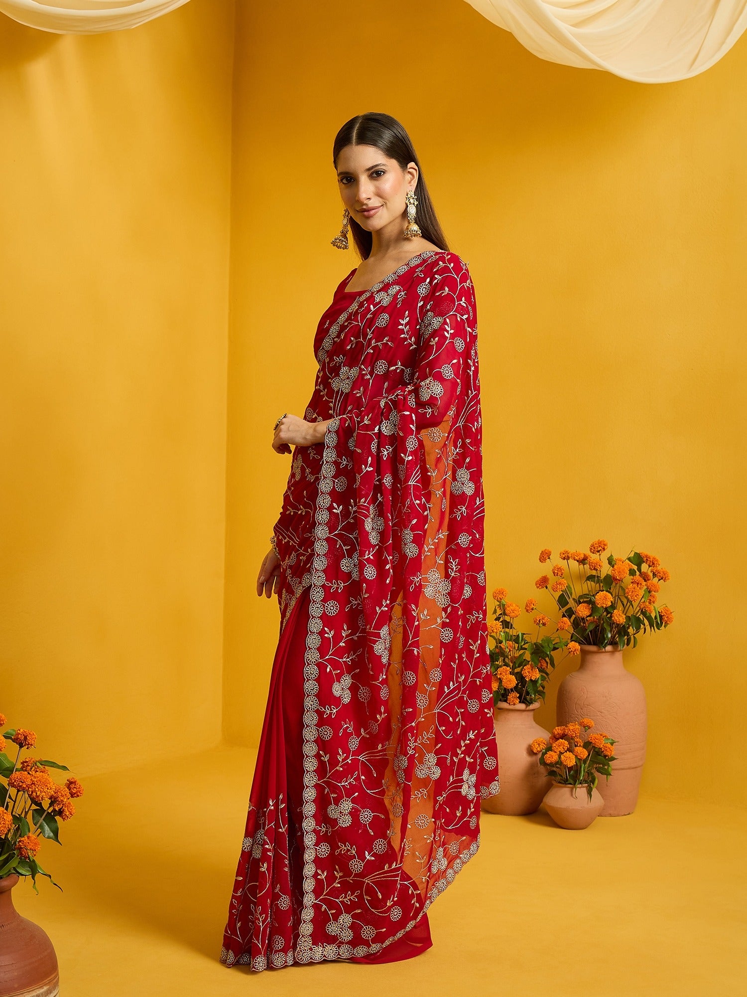 Red Georgette saree – detail view 1