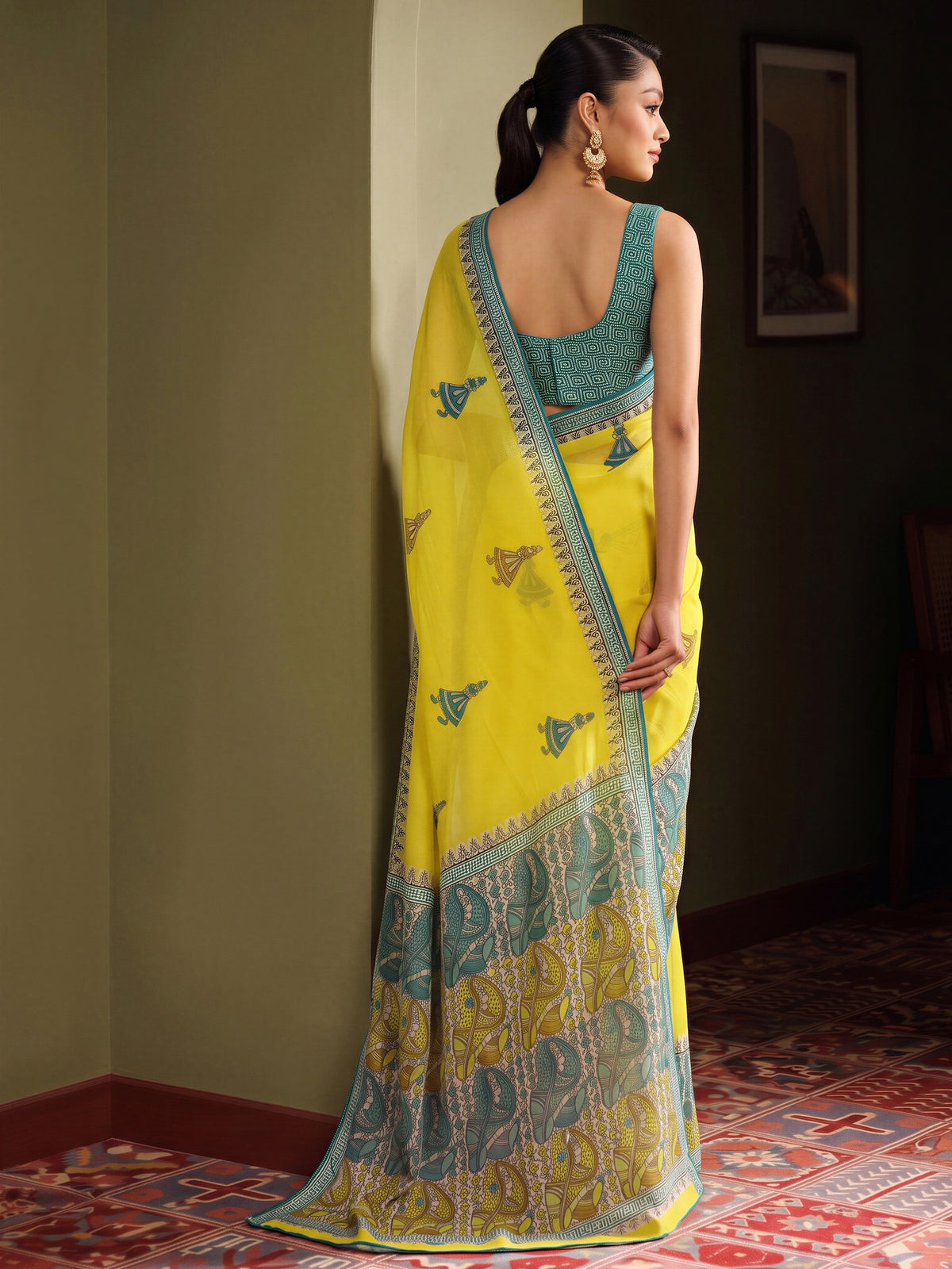 Yellow georgette saree view 1