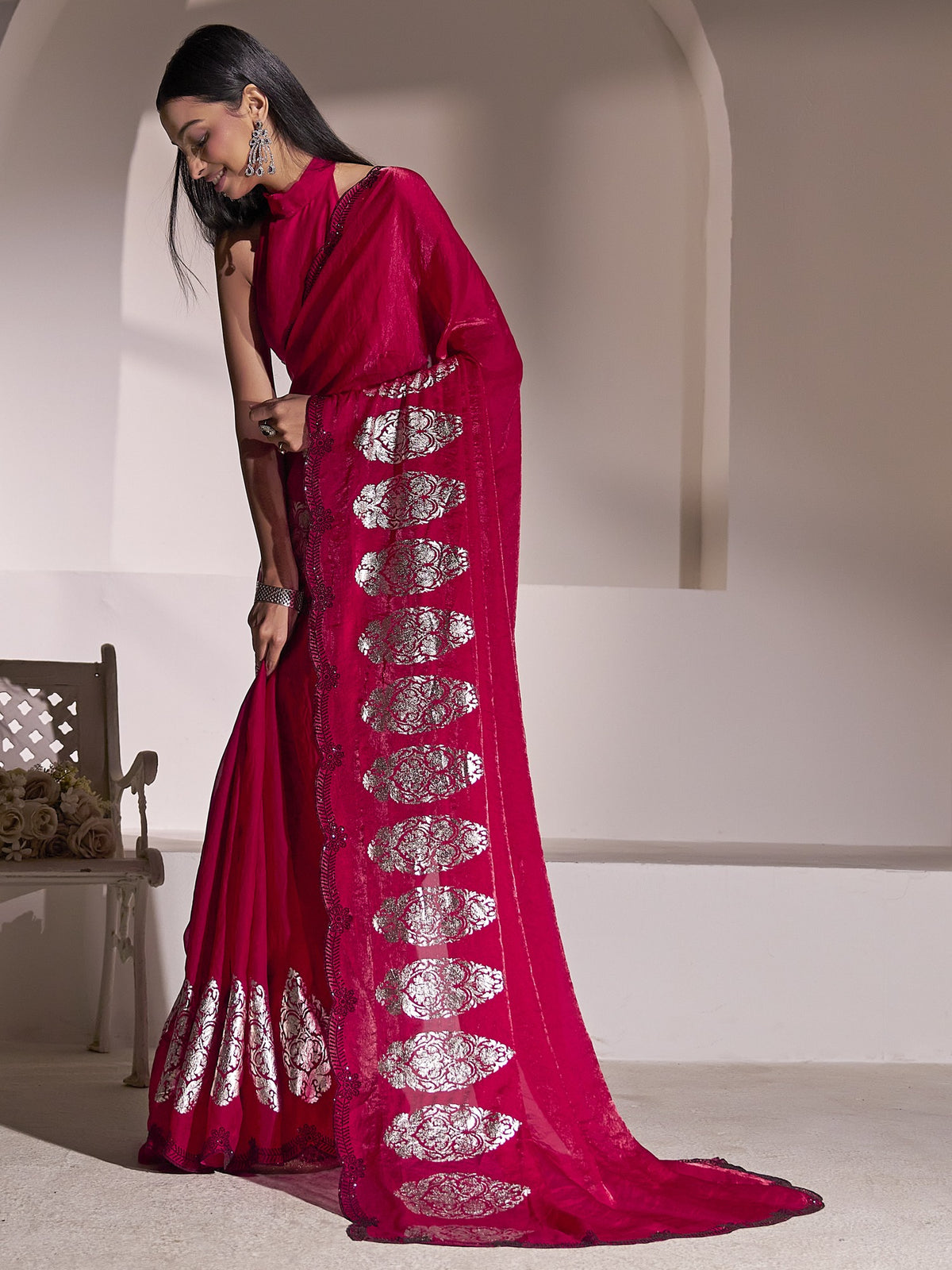 Pink satin silk saree view 1
