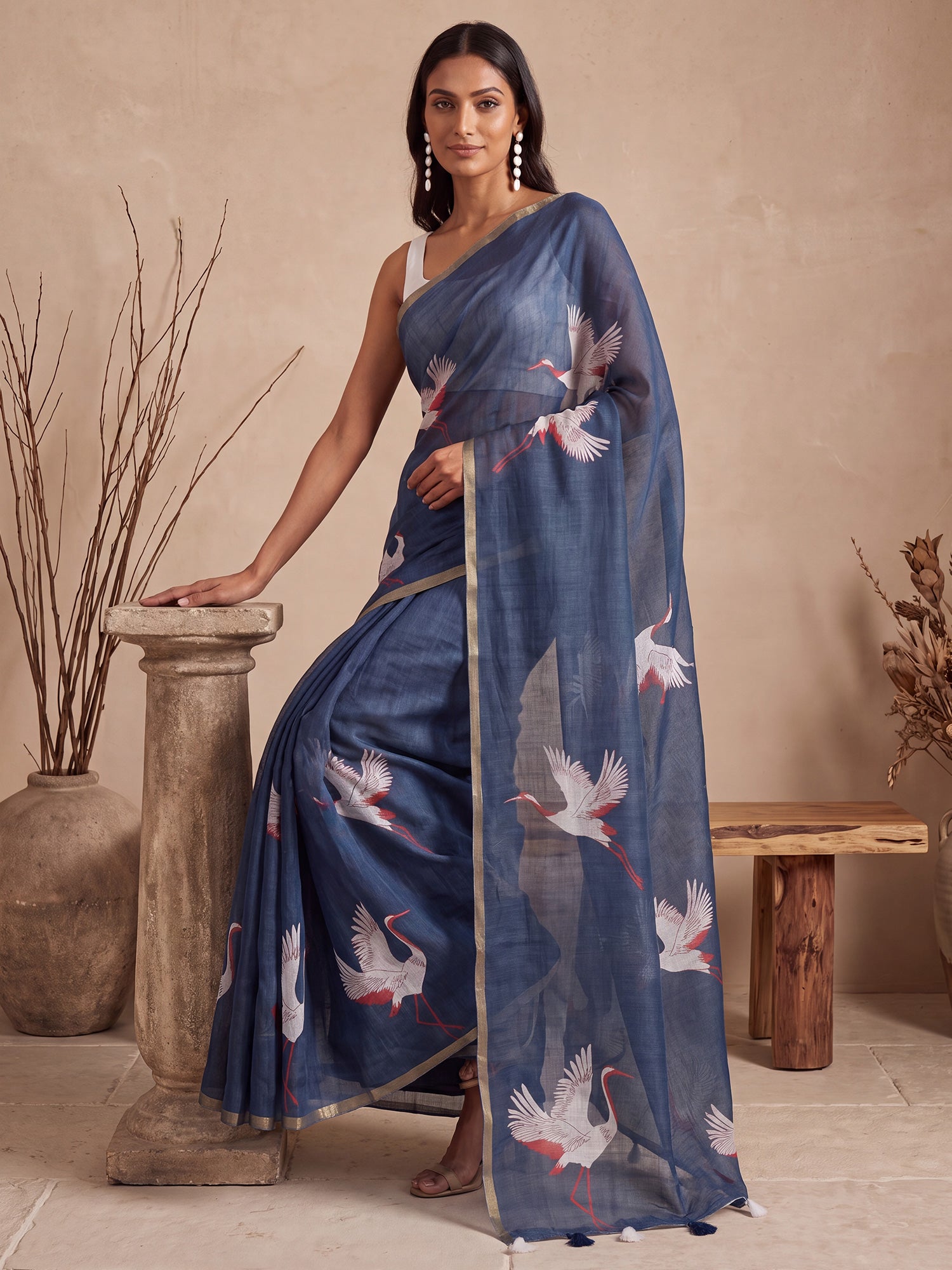 Navy Blue Cotton Linen saree – detail view 3