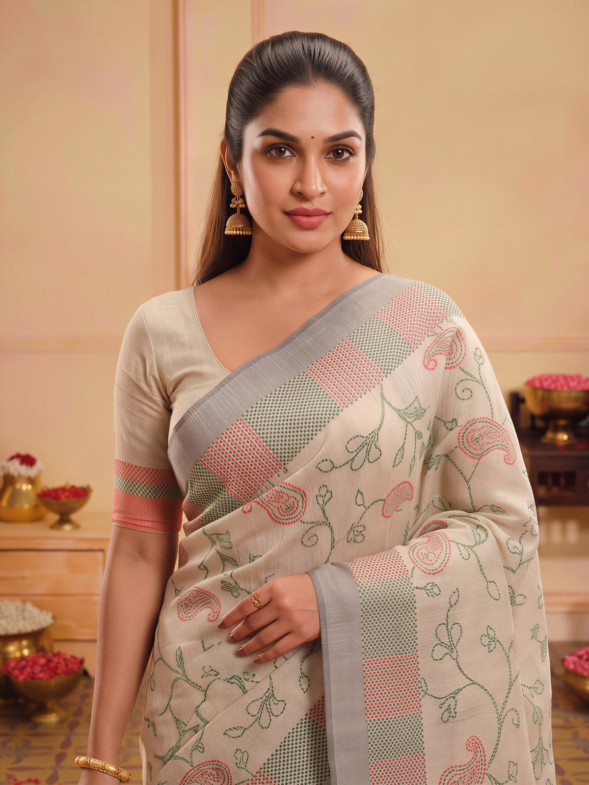 Beige silk blend saree view 4
