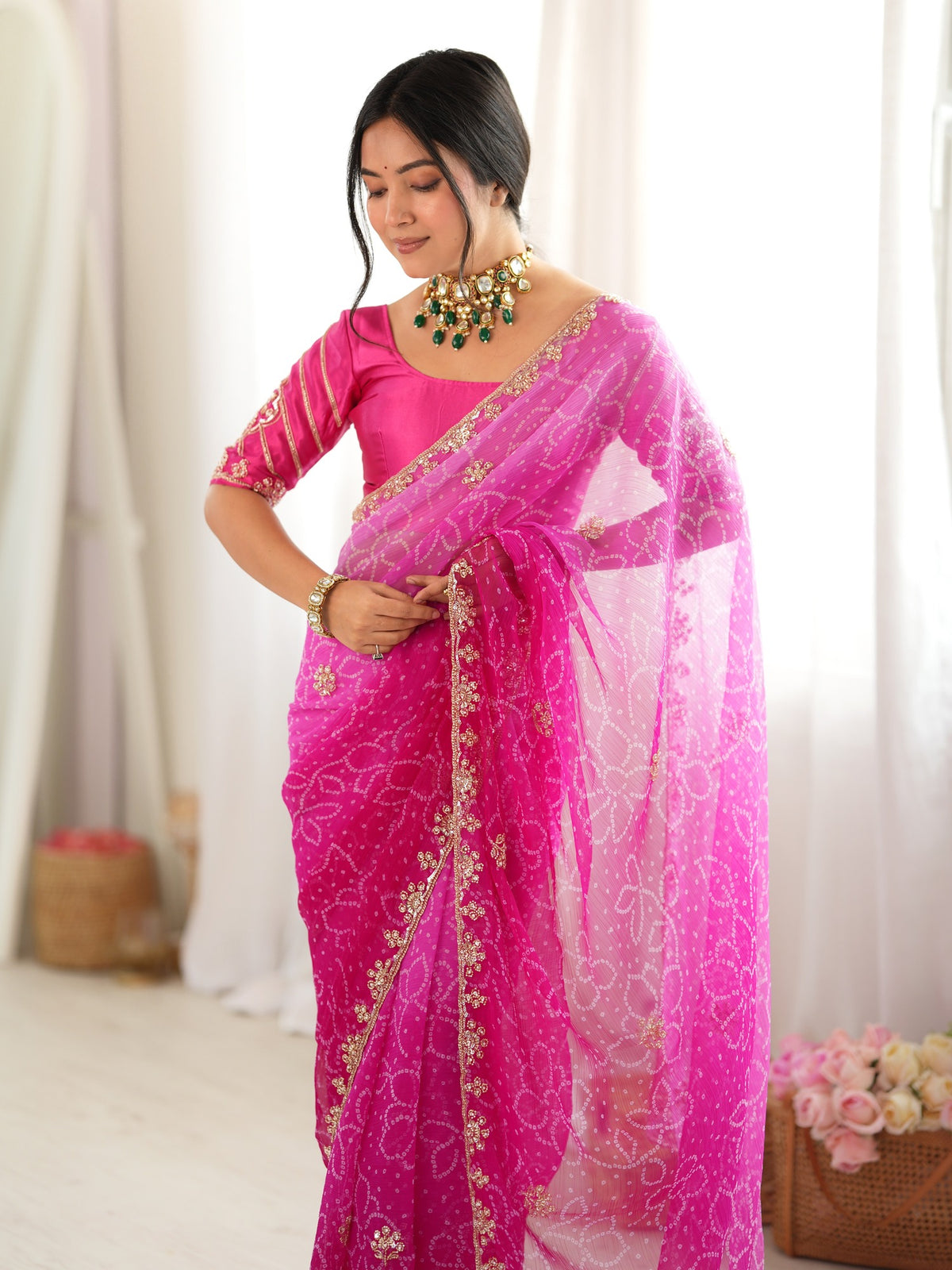 Pink georgette saree view 4