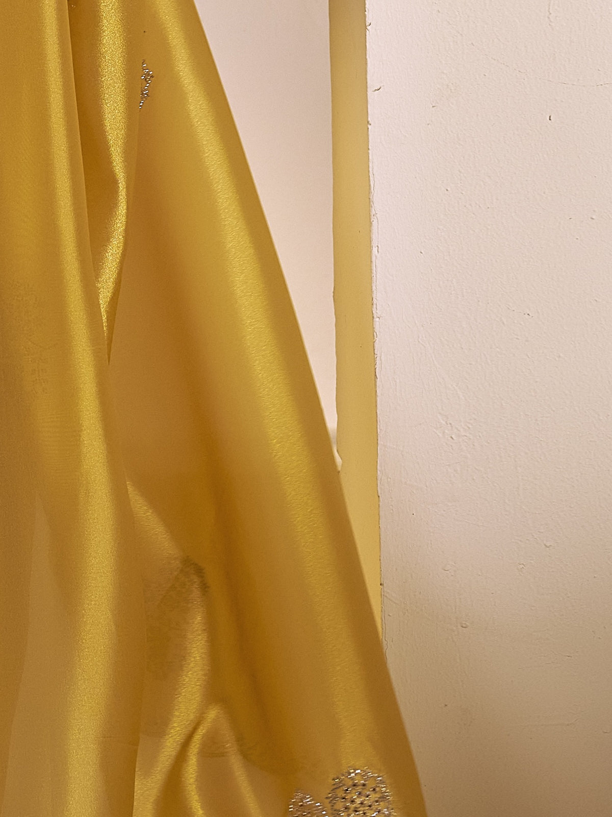Pallu detail of gold organza saree showing ornamented surface design and scallop border