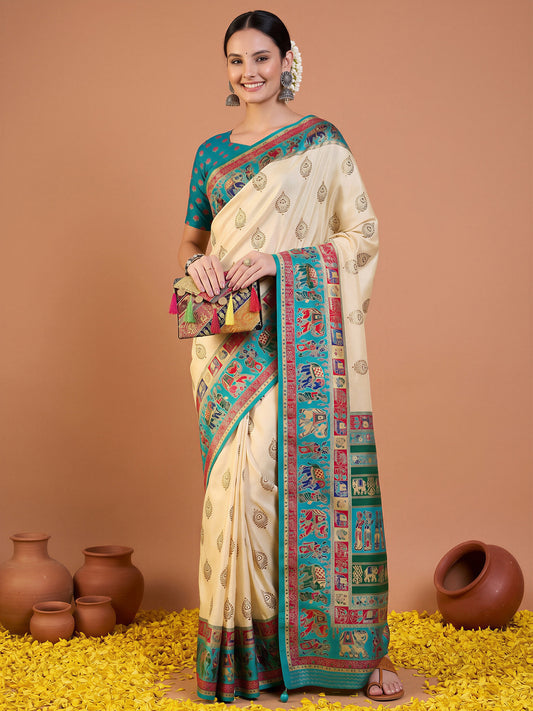 Woman wearing teal blue silk blend saree with metallic foil print work and teal blue blouse