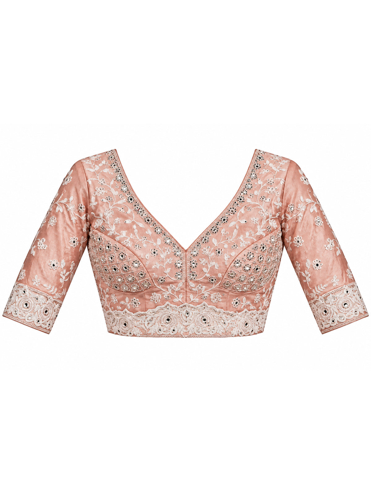 Unstitched peach  blouse piece with embellished design