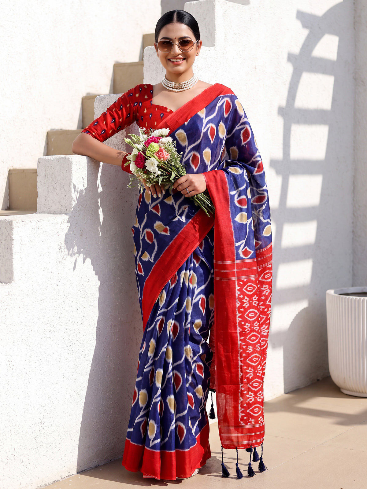 Woman wearing navy blue cotton saree with ikat resist-dyed pattern and red blouse