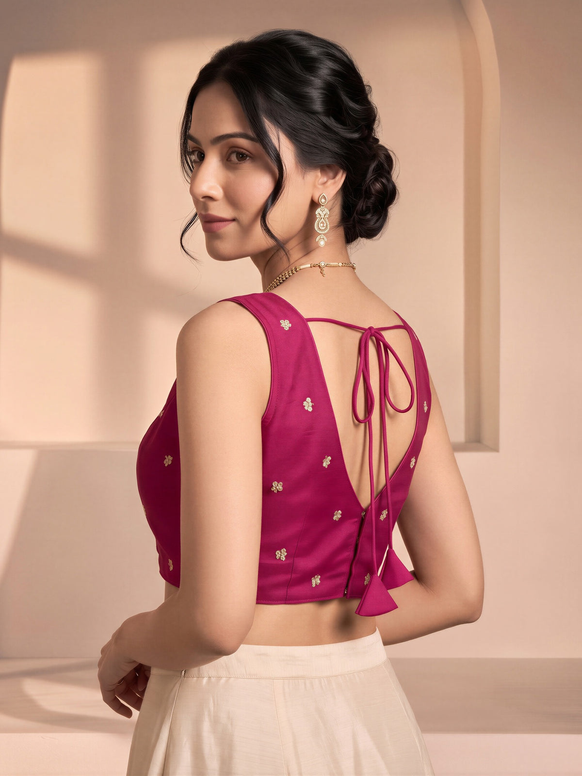 Pink sequin embellished vichitra silk sleeveless readymade saree blouse with v neck view 1