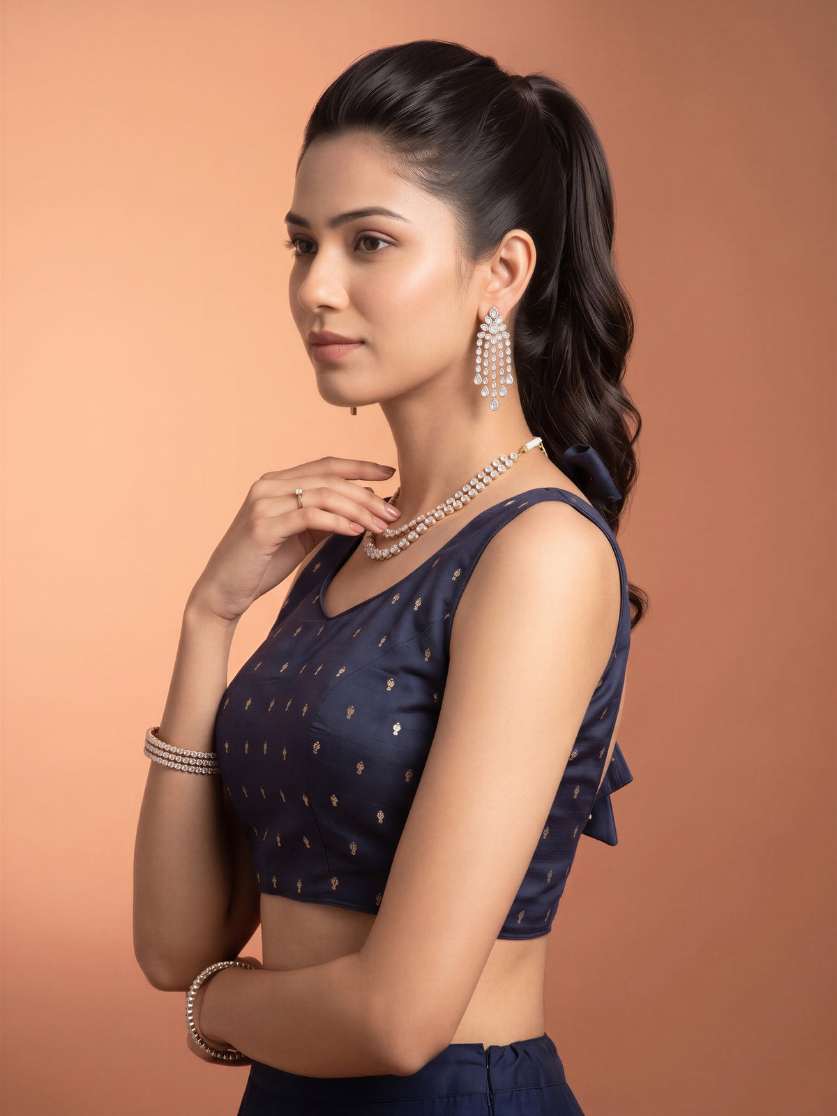Navy Blue sequin embellished silk blend sleeveless readymade saree blouse with round neck view 2