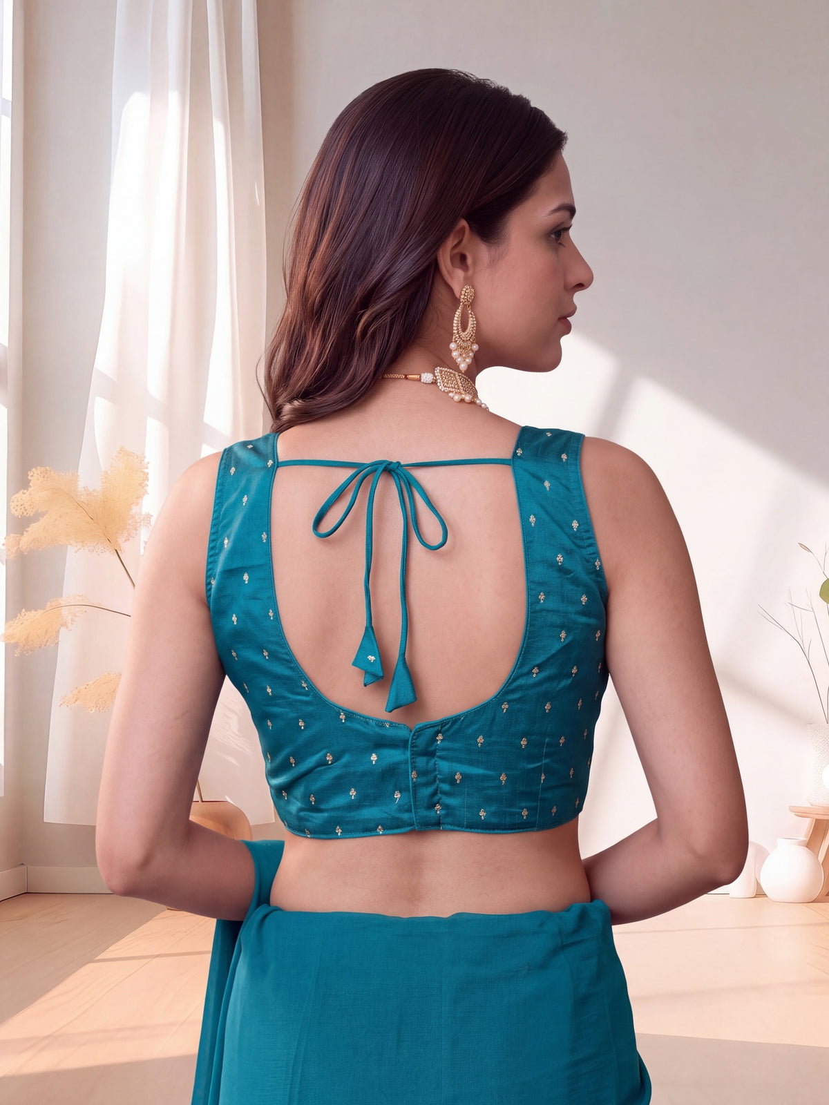 Teal Blue sequin embellished silk blend sleeveless readymade saree blouse with round neck view 1