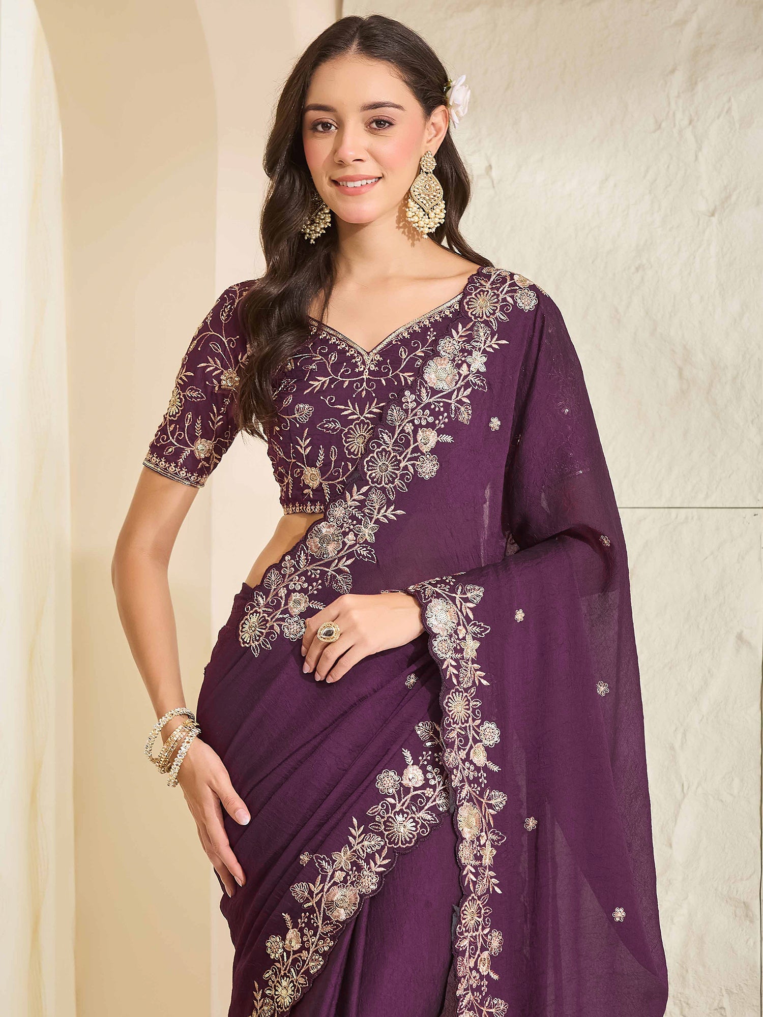 Purple Georgette saree – detail view 4