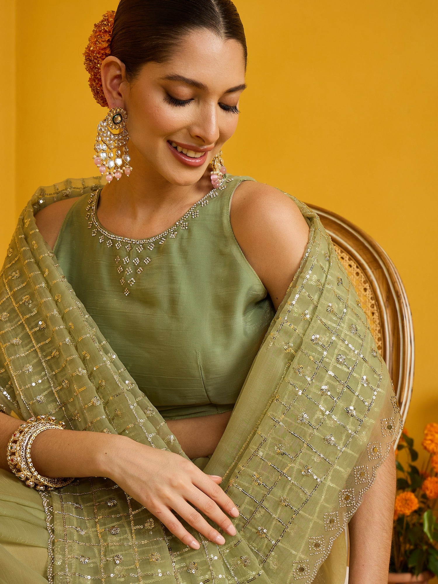 Mint Green Soft Silk saree – detail view 3