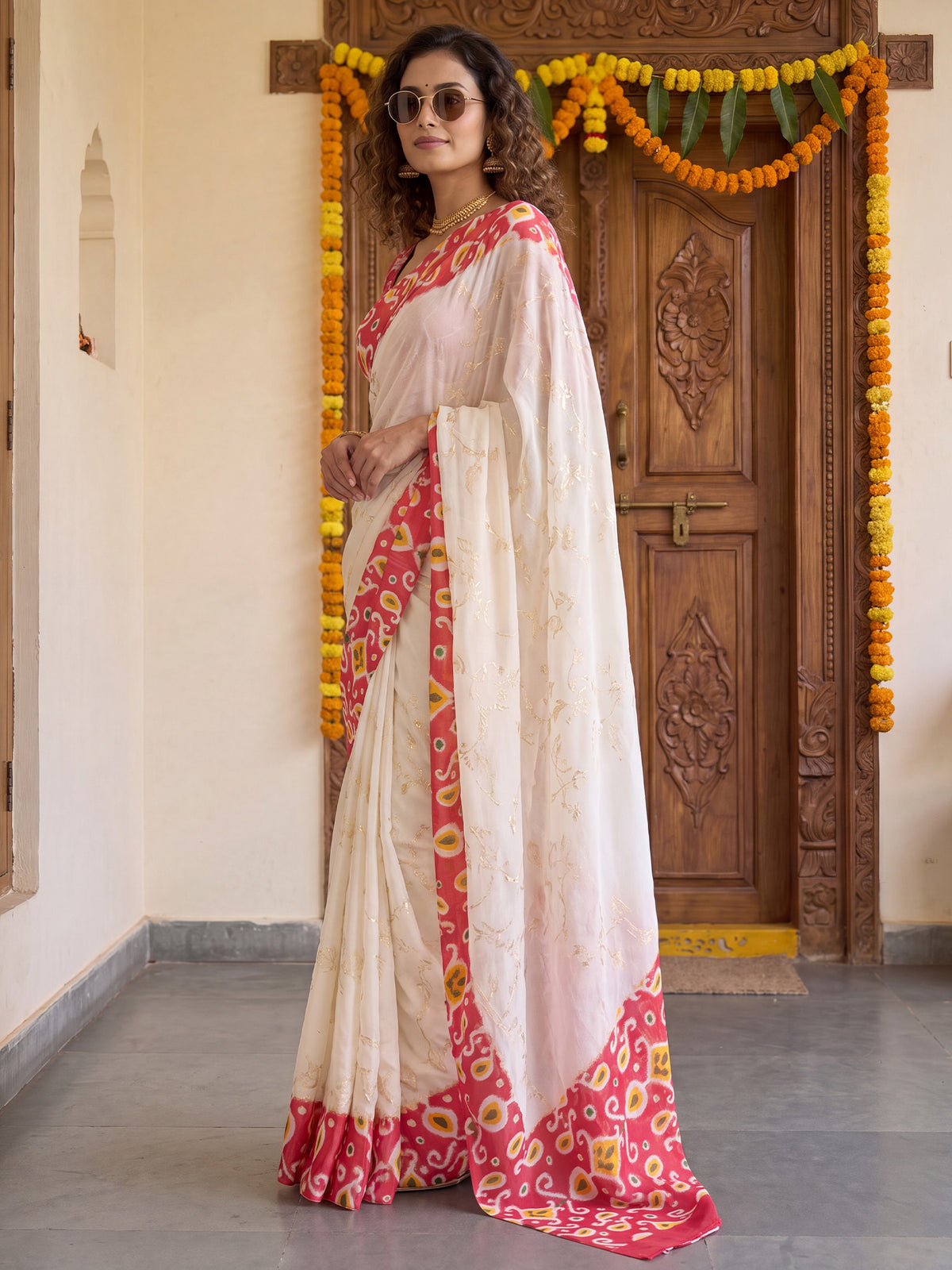 Cream Georgette saree – detail view 2