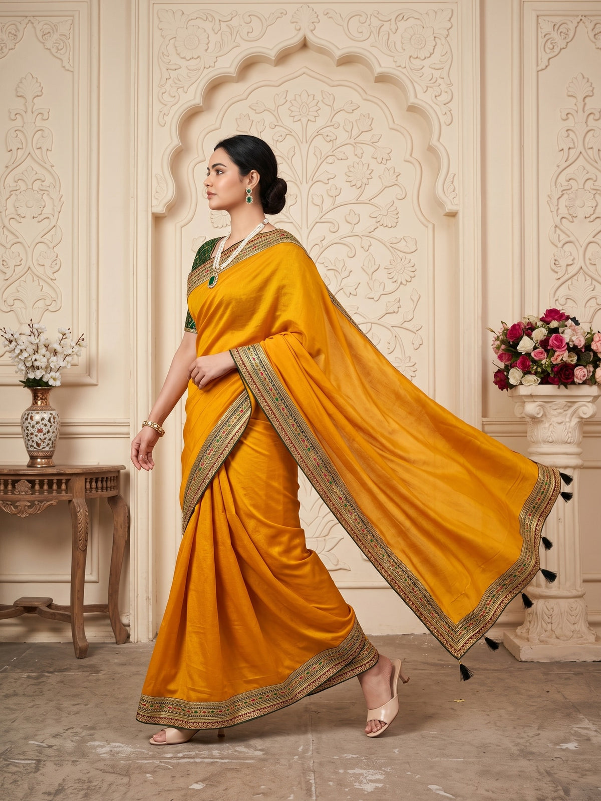 Mustard Vichitra Silk saree – detail view 3