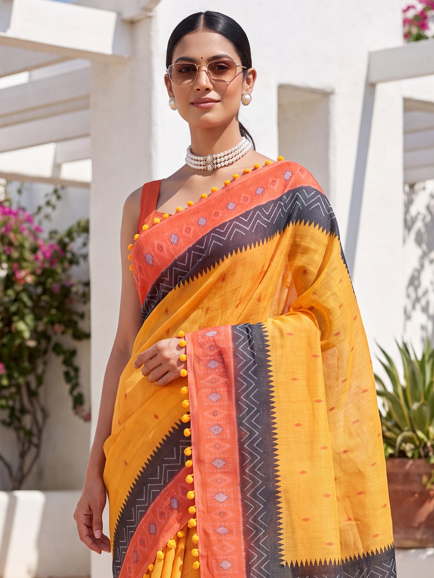 Orange Cotton Linen saree – detail view 4