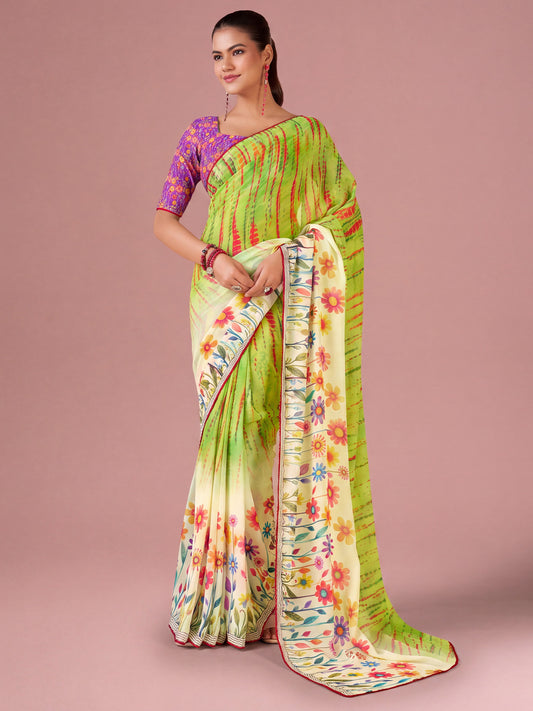 Woman wearing light green georgette saree with all-over floral design and lavender blouse