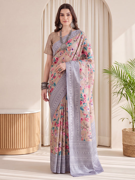 Woman wearing beige silk blend saree with botanical floral and leaf design and taupe blouse
