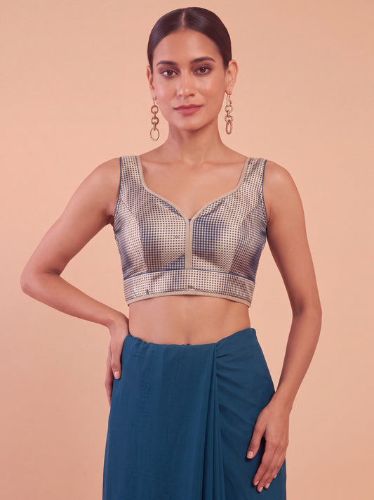 Light Blue woven metallic jacquard sleeveless readymade saree blouse with sweetheart neck