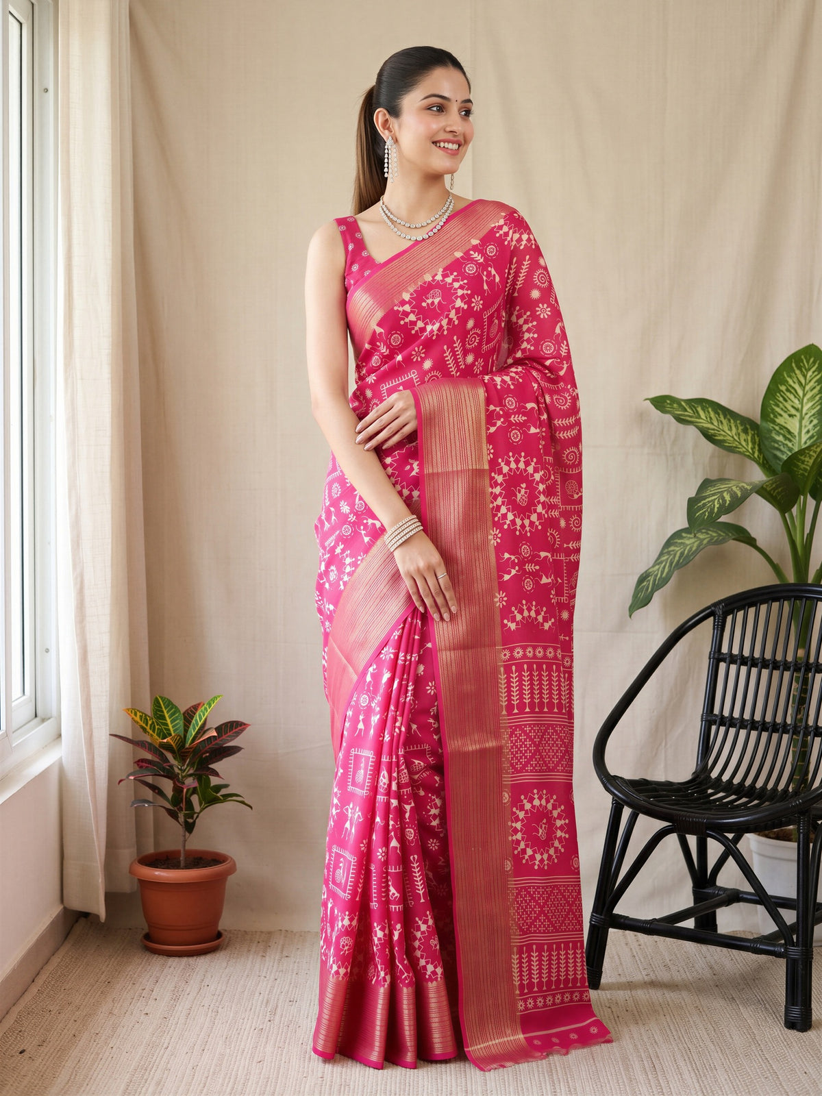 Woman wearing pink georgette saree with warli folk-art figures and pink blouse