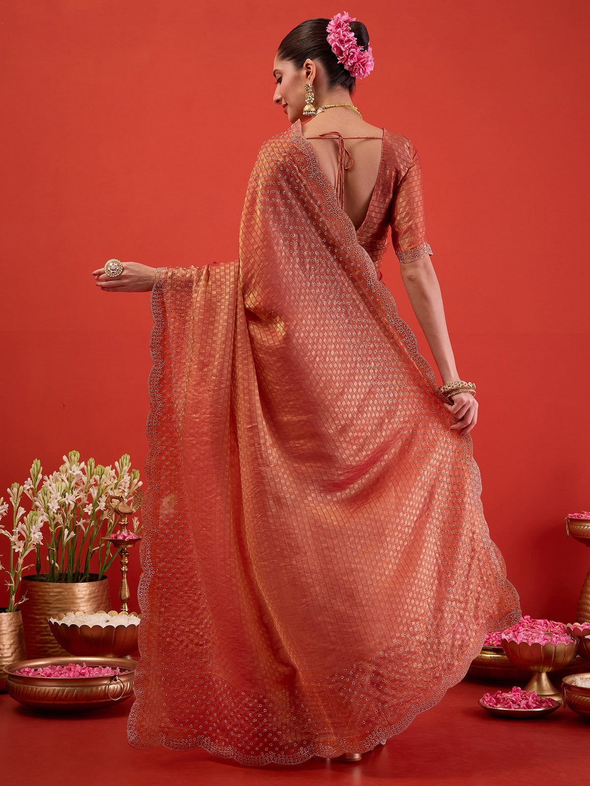 Peach Satin saree – detail view 6