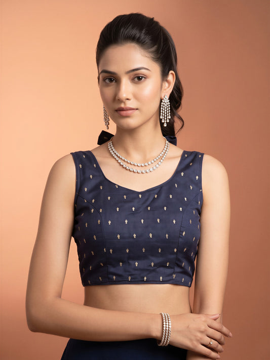 Navy Blue sequin embellished silk blend sleeveless readymade saree blouse with round neck
