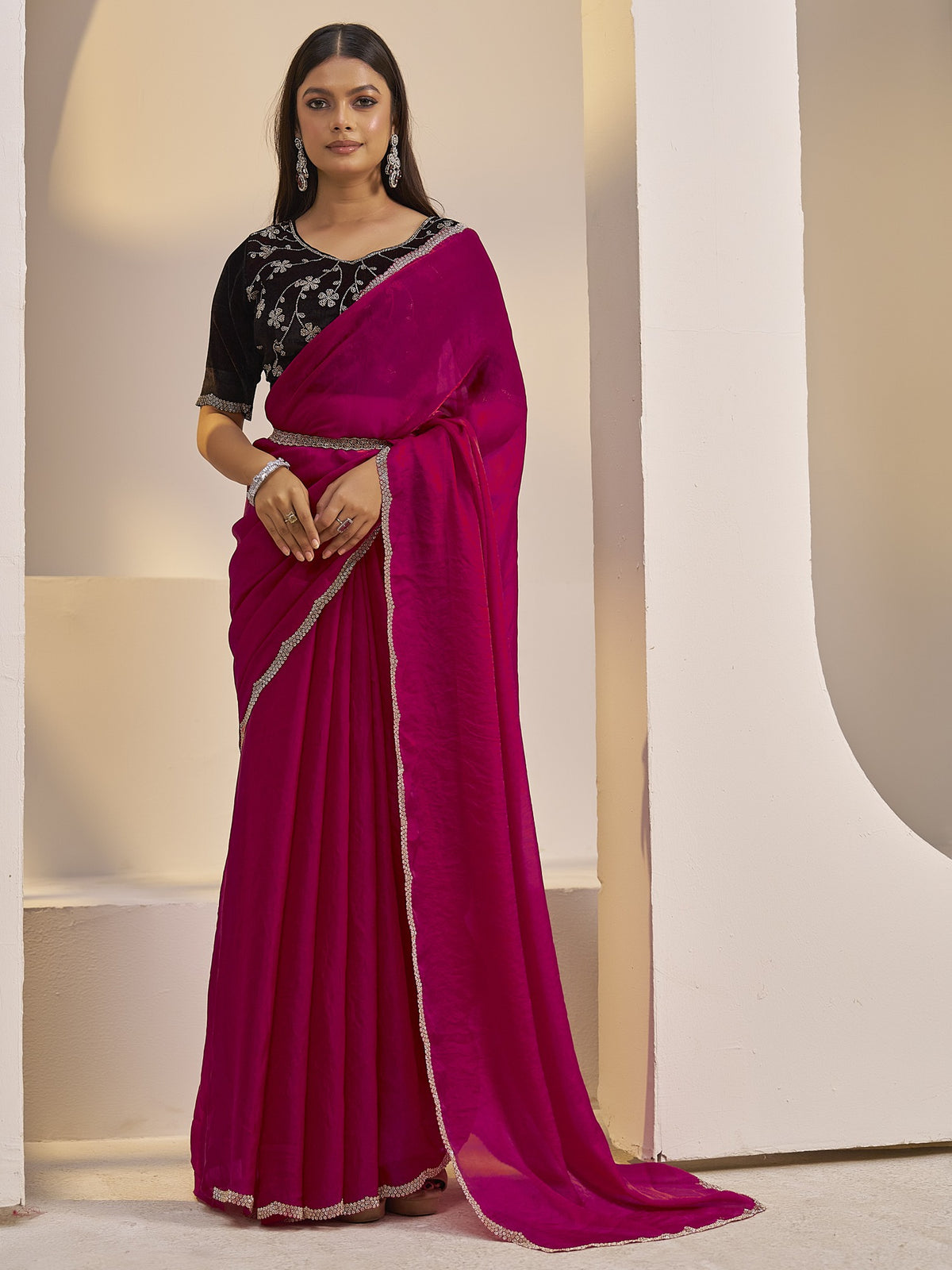 Magenta solid satin silk saree with pink blouse piece