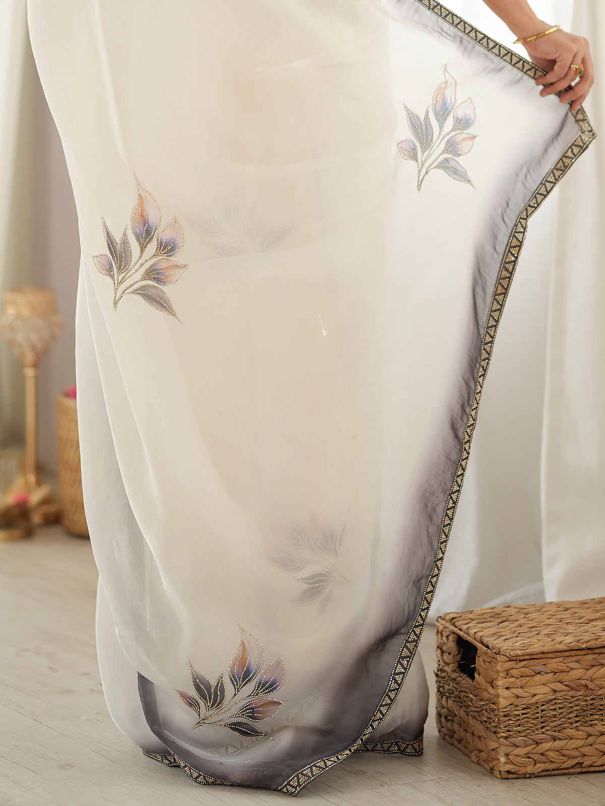 Off White Satin saree – detail view 5