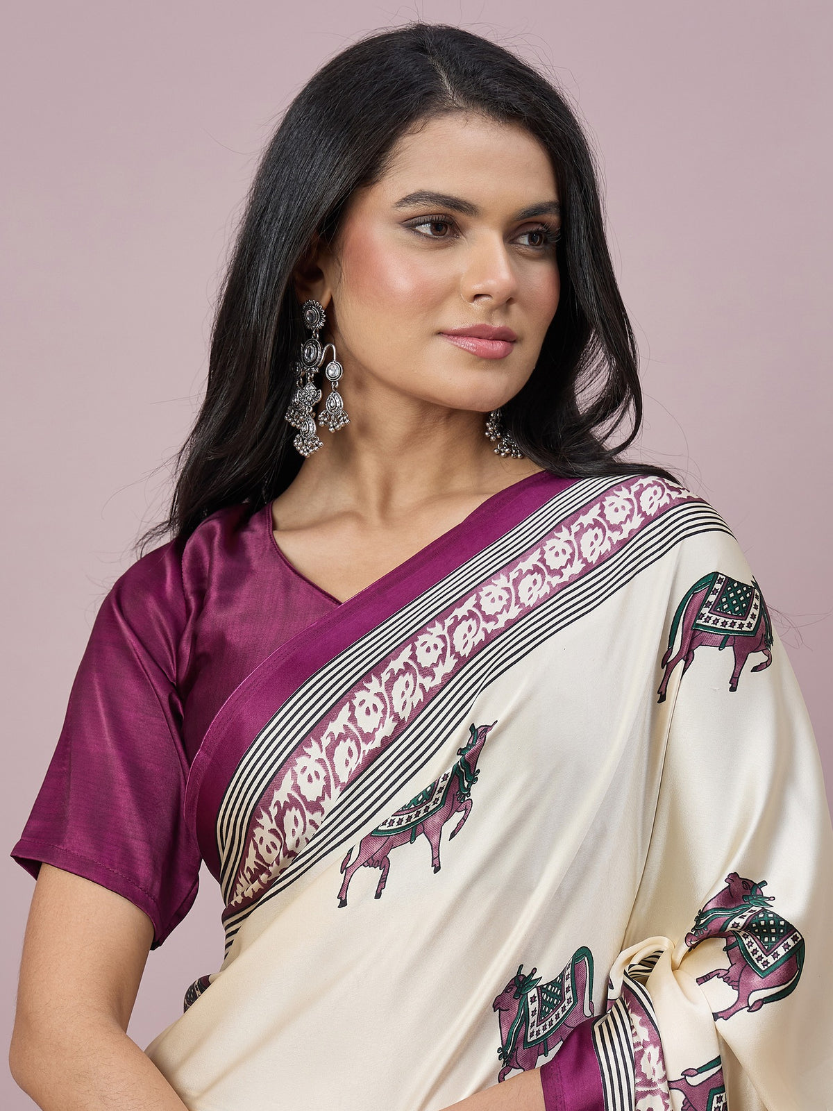 Off White satin saree view 3