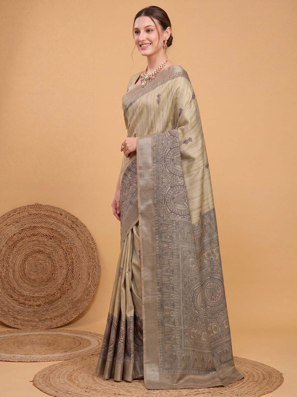 Beige Satin Silk saree – detail view 2