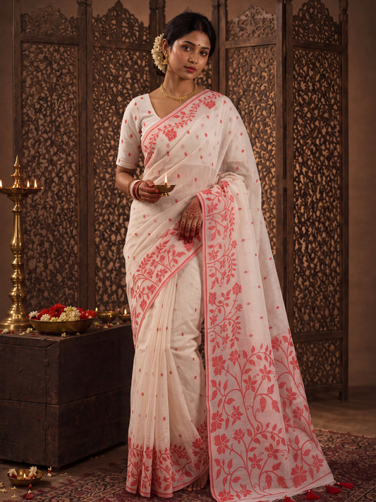 Woman wearing white cotton linen saree with all-over floral design and white blouse