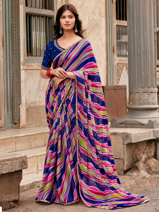 Multicolored leheriya georgette saree with navy blue blouse piece