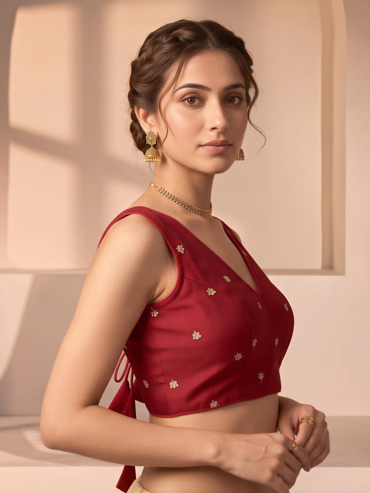 Red sequin embellished vichitra silk sleeveless readymade saree blouse with v neck view 2