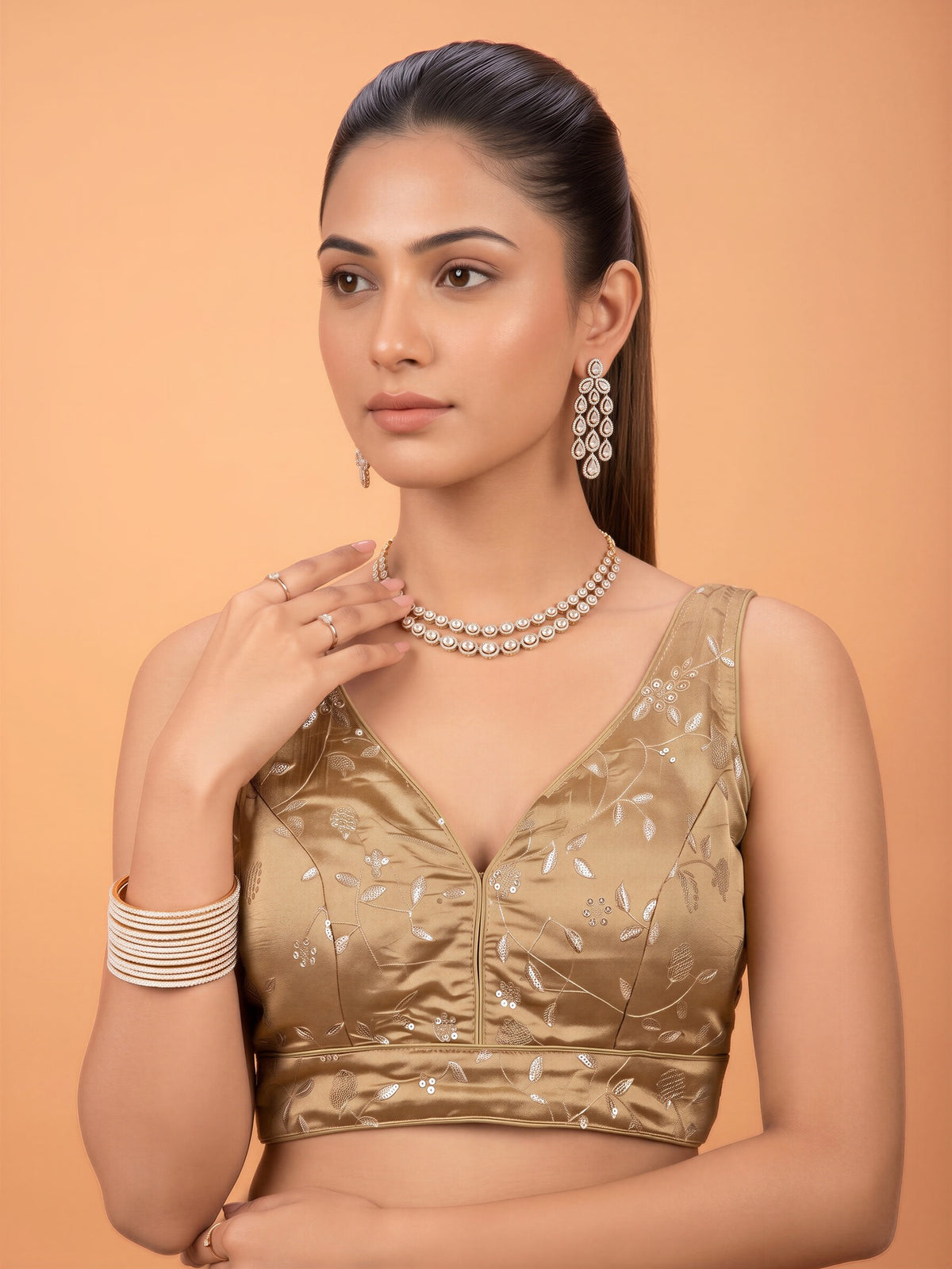 Beige sequin embellished silk blend sleeveless readymade saree blouse with v neck view 2