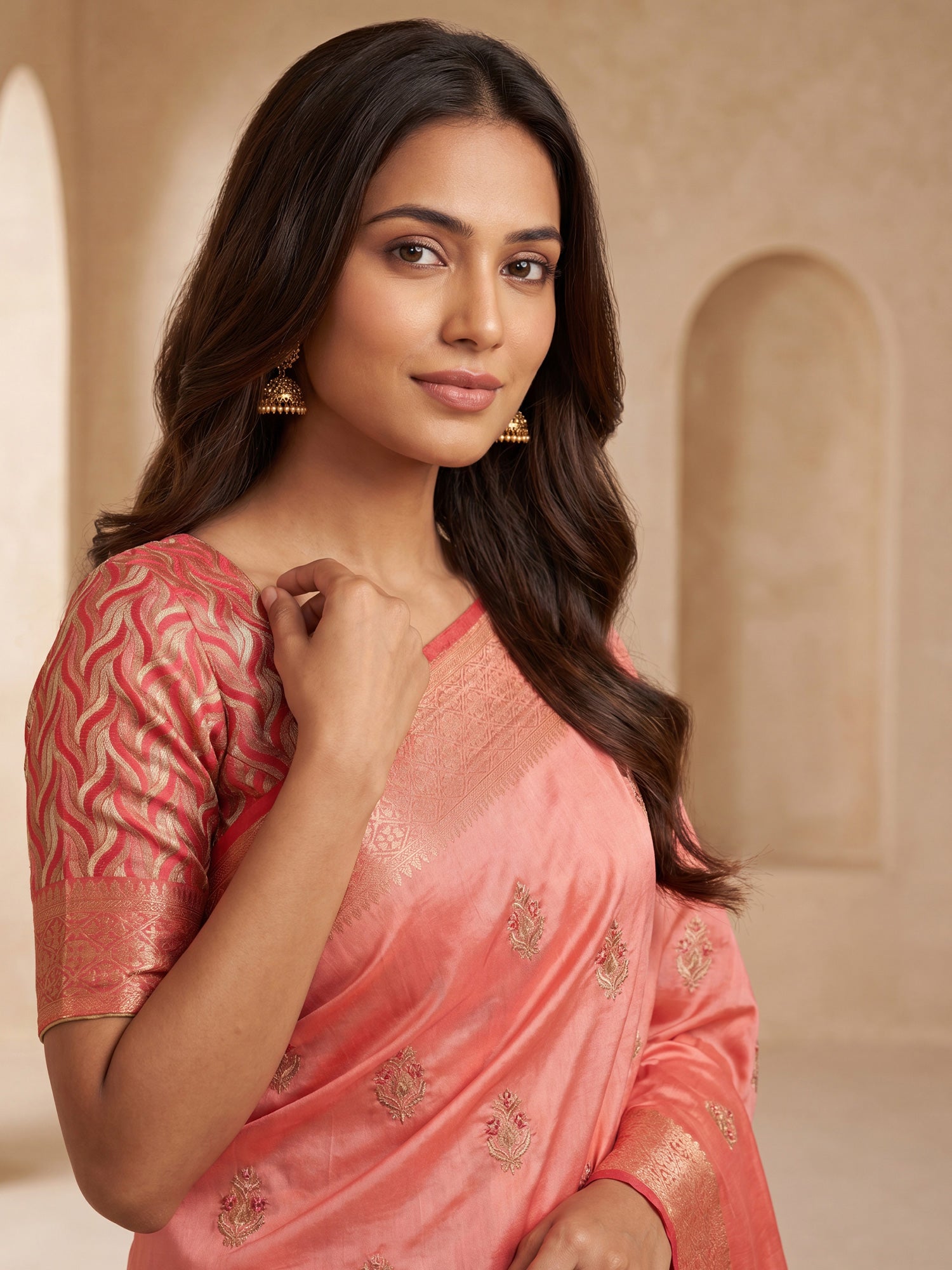 Peach Cotton Linen saree – detail view 3