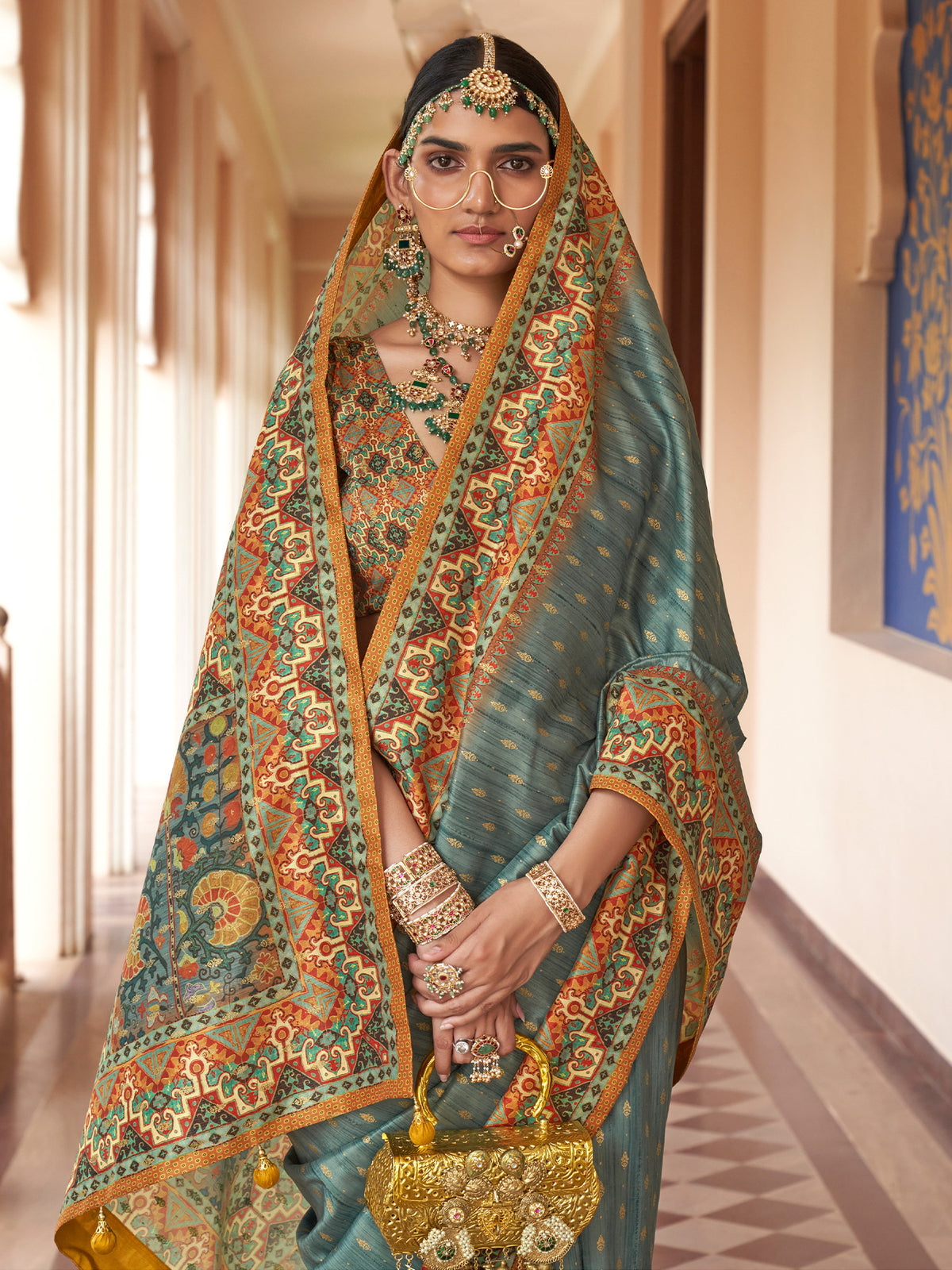 Sea Green silk blend saree view 1
