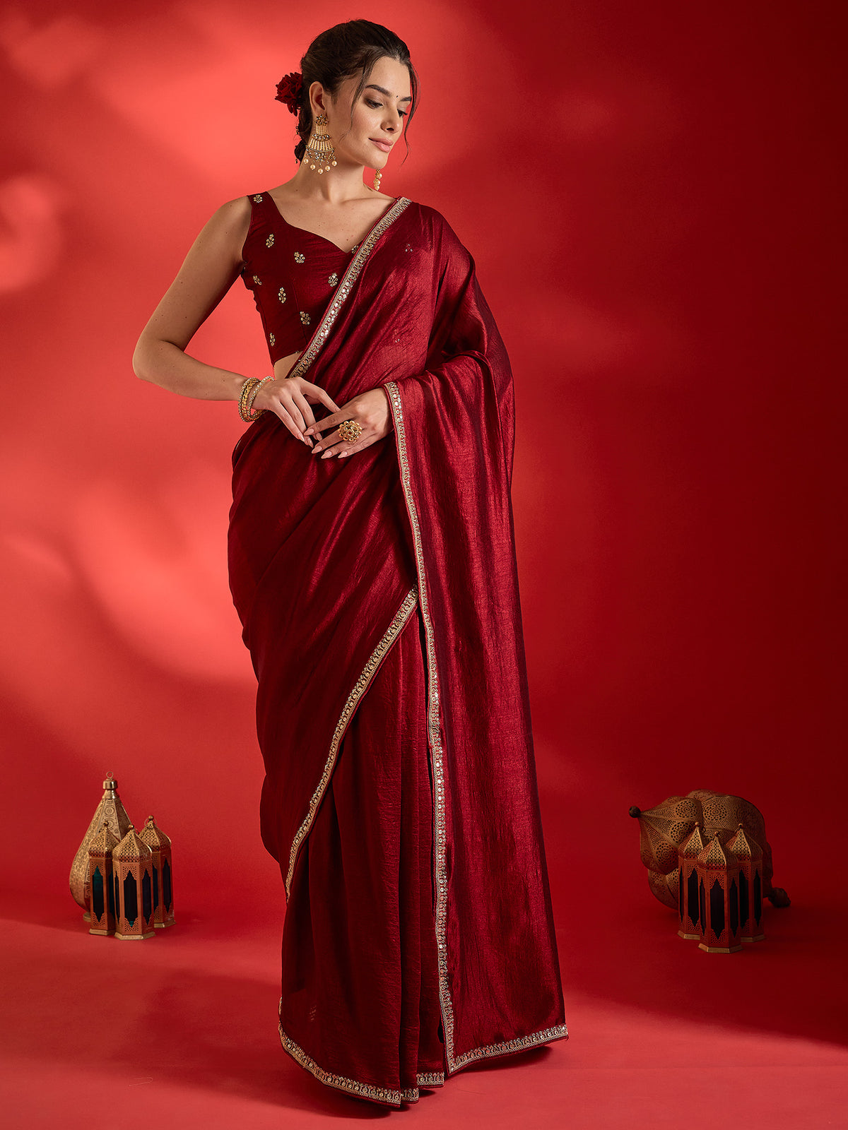 Maroon Vichitra Silk saree – detail view 2