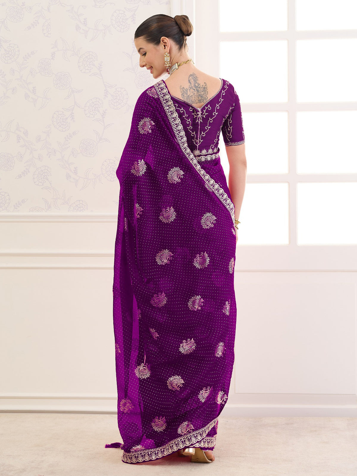 Purple chiffon saree view 5