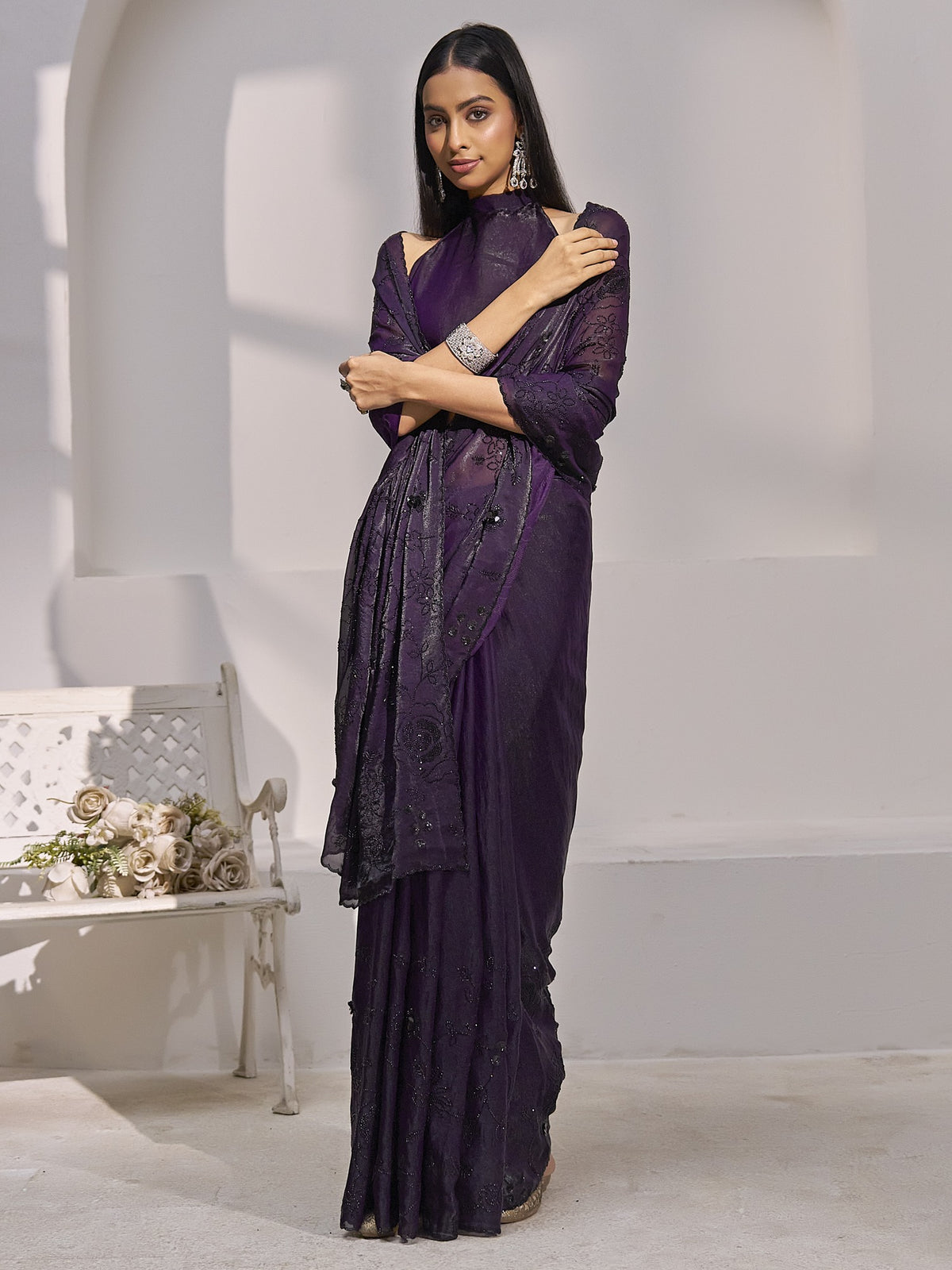 Purple satin silk saree view 2