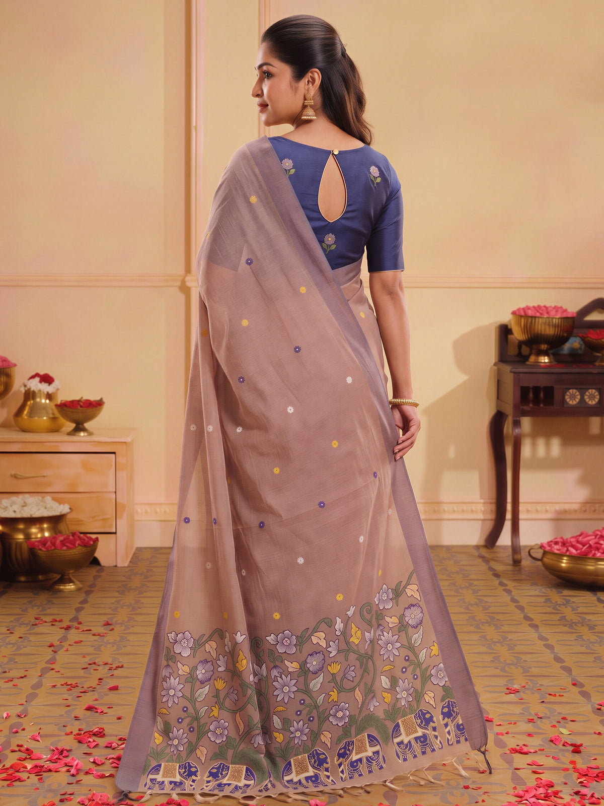 Light Brown silk blend saree view 1