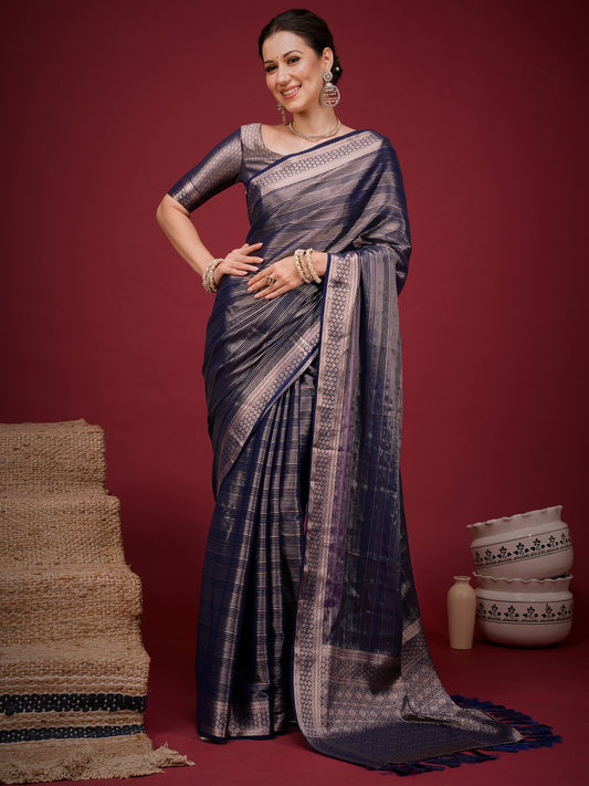 Woman wearing navy blue viscose silk saree with striped pattern design and navy blue blouse