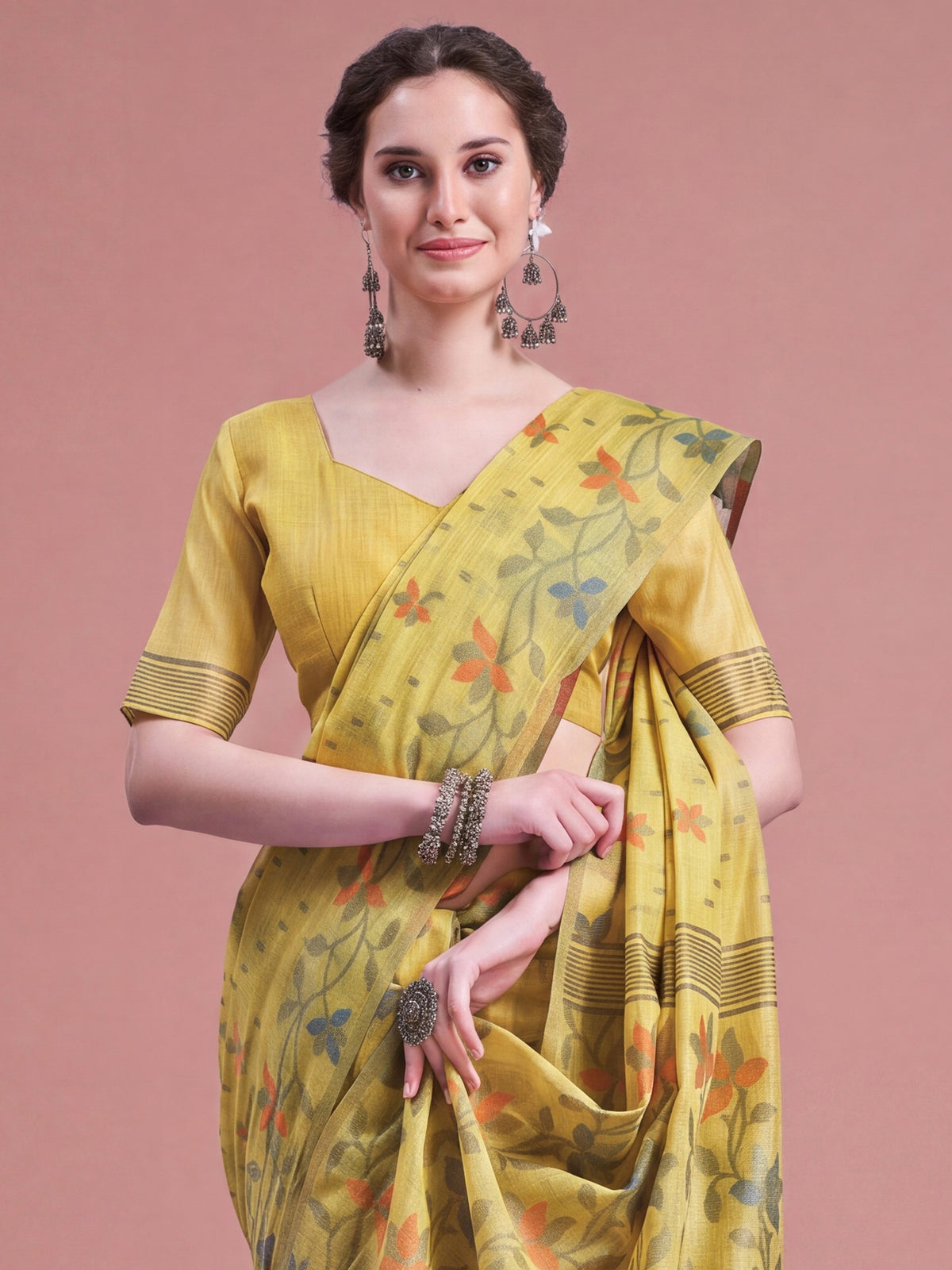 Yellow Linen saree – detail view 3