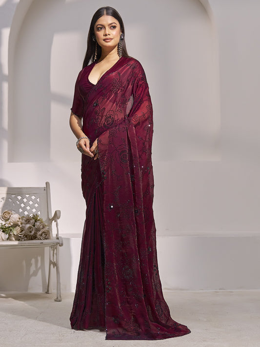 Maroon satin silk saree view 1